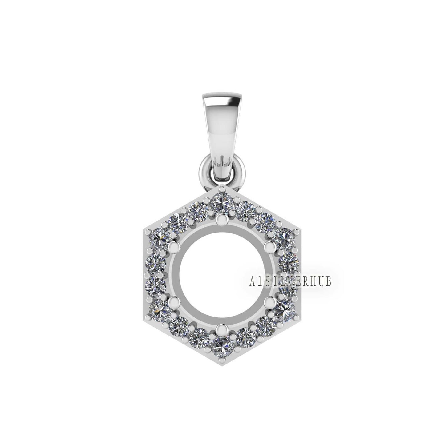 Solitaire Blank Round 8mm with Hexad Zircon Setted Pendant, 925 Sterling Silver, Semi Mounting Pendant, Good for Gemstone, Memorial Locket