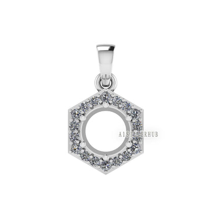 Solitaire Blank Round 8mm with Hexad Zircon Setted Pendant, 925 Sterling Silver, Semi Mounting Pendant, Good for Gemstone, Memorial Locket
