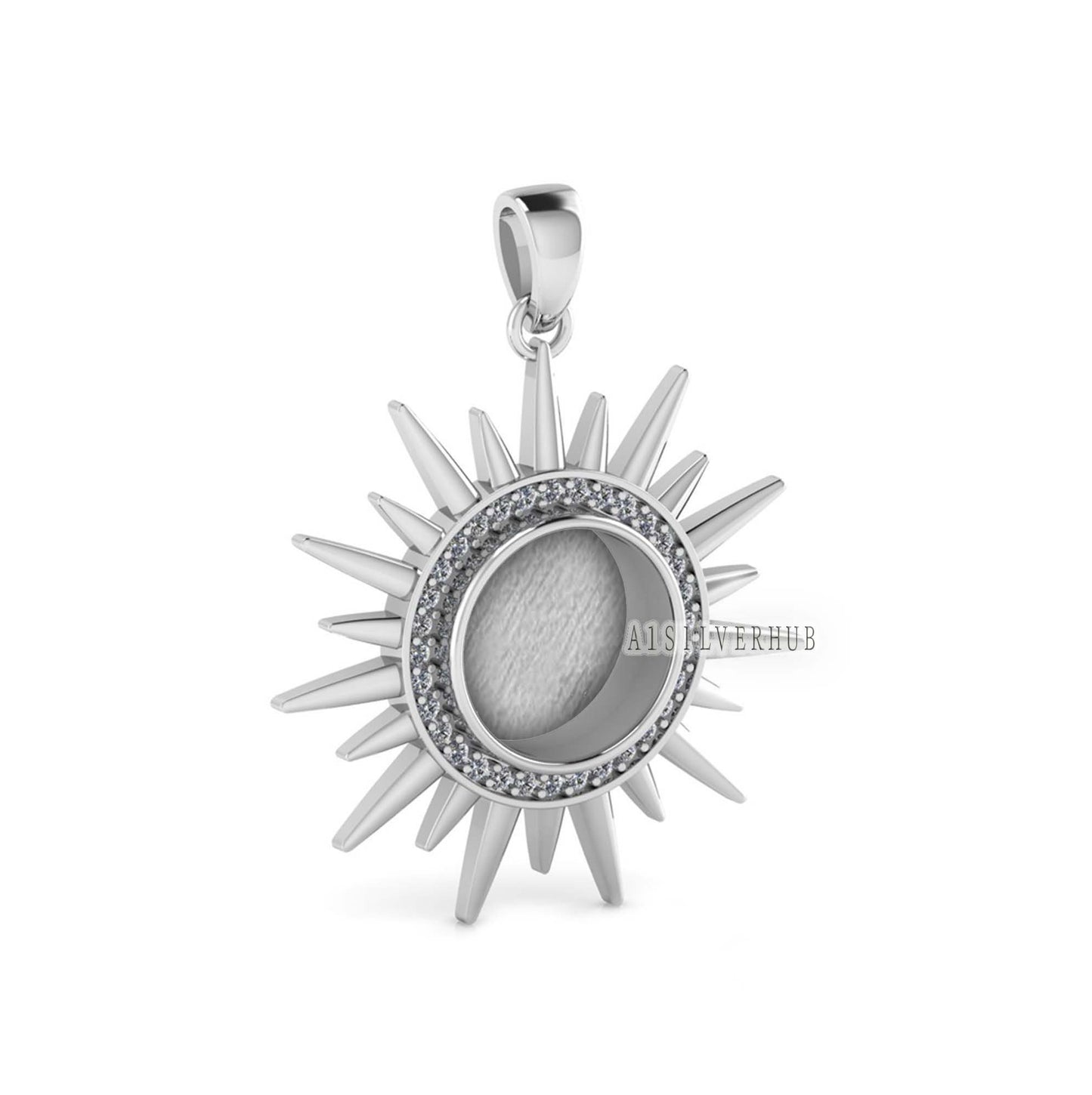 Sunburst Shape Blank Bezel Pendant with Zircon Setted, 925 Sterling Silver Pendant, Good for Resin & Ashes Work, Keepsake Jewelry DIY Crafts