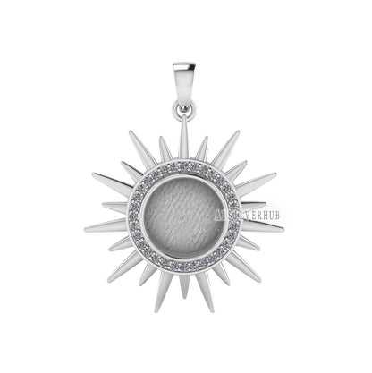 Sunburst Shape Blank Bezel Pendant with Zircon Setted, 925 Sterling Silver Pendant, Good for Resin & Ashes Work, Keepsake Jewelry DIY Crafts