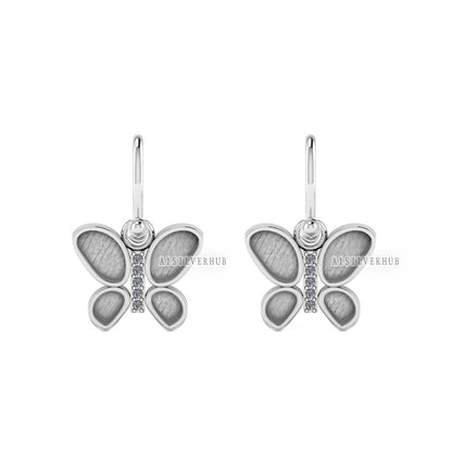 925 Sterling Solid Silver Butterfly Mount With Zircon, DIY Breastmilk/Keepsake Dangle Earrings, Good for Resin & Ashes Work, Memorial Gifts