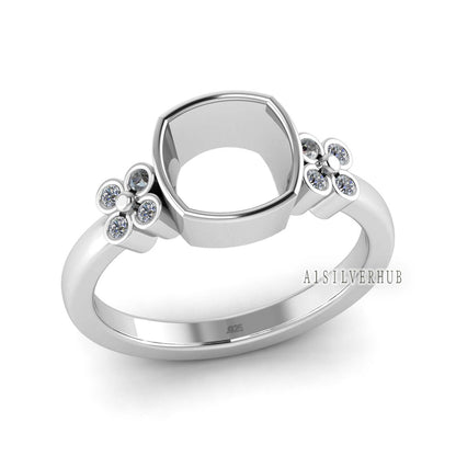 925 Sterling Solid Silver Cushion 8x8mm Open Bezel with CZ Setted Ring, Good for Gemstone & Zircon Set Work, Keepsake/Breastmilk DIY, Craft