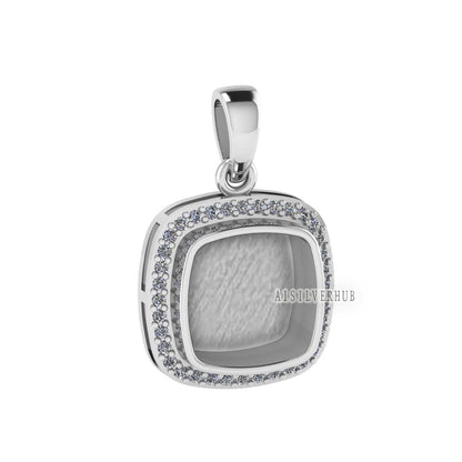 Cushion Shape Blank Bezel Pendant Surrounded with Zircon, 925 Sterling Silver Pendant, Good for Resin & Ashes Work, Keepsake Jewelry Crafts