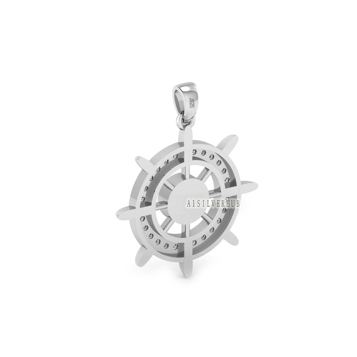 Ocean Helm Ship Steering Wheel 6mm Round Blank Bezel with Zircon Setted, 925 Sterling Silver Pendant, Good for Resin & Ashes, Keepsake DIY