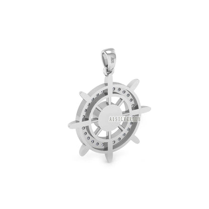 Ocean Helm Ship Steering Wheel 6mm Round Blank Bezel with Zircon Setted, 925 Sterling Silver Pendant, Good for Resin & Ashes, Keepsake DIY