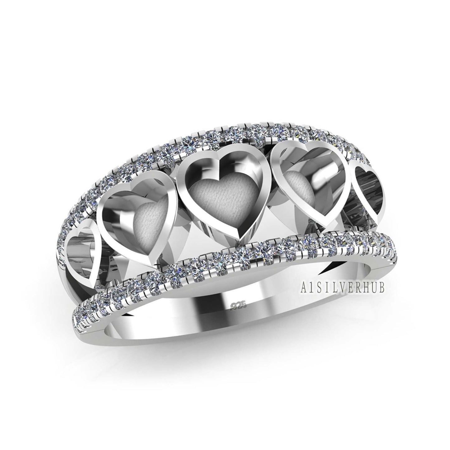 925 Sterling Solid Silver 5mm 3mm Heart Blank Bezel with CZ Setted Double Band Ring, Good for Resin & Ashes Work, Keepsakes/Breastmilk DIY