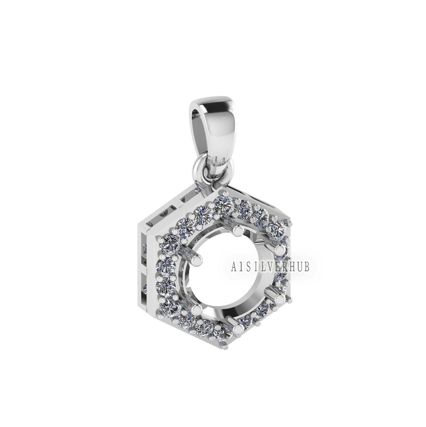 Solitaire Blank Round 8mm with Hexad Zircon Setted Pendant, 925 Sterling Silver, Semi Mounting Pendant, Good for Gemstone, Memorial Locket