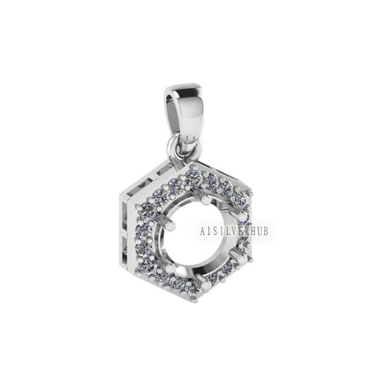 Solitaire Blank Round 8mm with Hexad Zircon Setted Pendant, 925 Sterling Silver, Semi Mounting Pendant, Good for Gemstone, Memorial Locket
