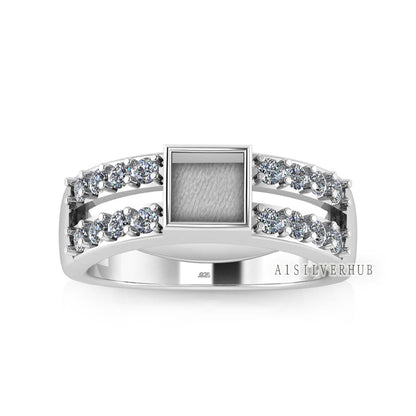 925 Sterling Solid Silver 5x5mm Square Blank Bezel with Zircon Setted Band Men's Ring, Good for Crushed Opal, Inlay, Resin, Ashes Work, DIY