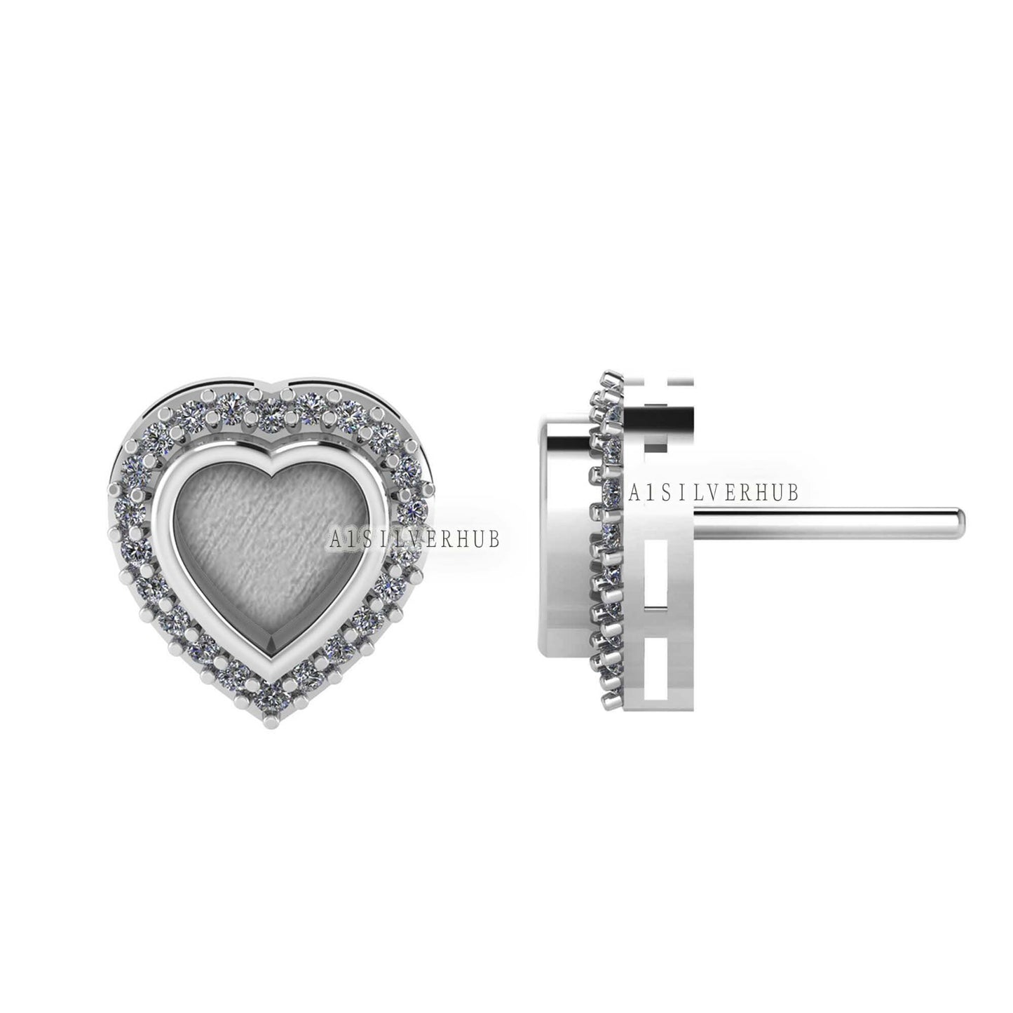 925 Sterling Silver 5mm Heart Shape Blank Bezel Stud Earrings with Surrounded Zircon Setted, Good for Resin & Ashes Work, Keepsake DIY Craft
