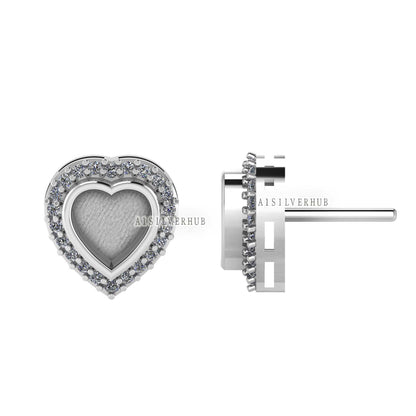 925 Sterling Silver 5mm Heart Shape Blank Bezel Stud Earrings with Surrounded Zircon Setted, Good for Resin & Ashes Work, Keepsake DIY Craft