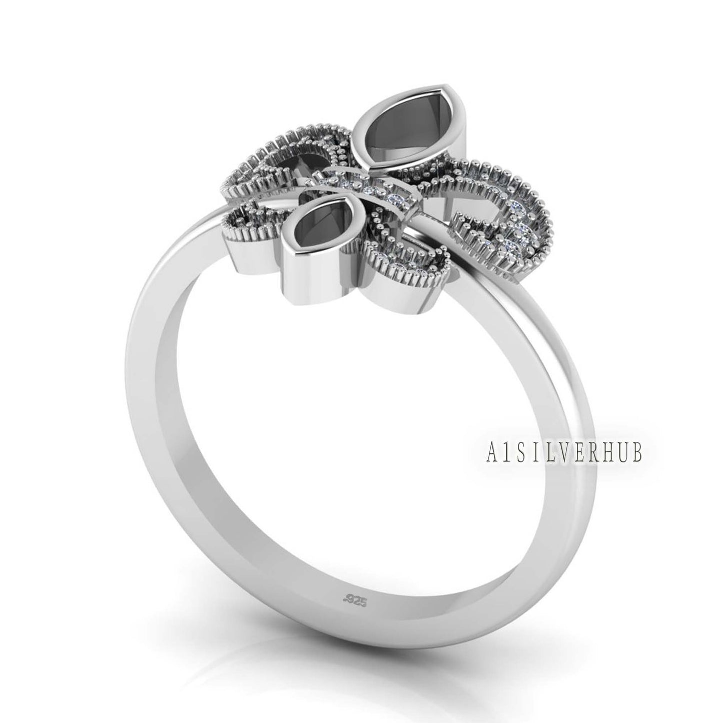 925 Sterling Solid Silver Fleur-de-lis Symbol Marquise Blank Bezel with CZ Setted Ring, Good for Resin & Ashes Work, Floredils Silhouette