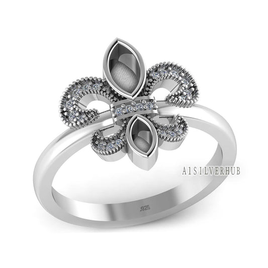 925 Sterling Solid Silver Fleur-de-lis Symbol Marquise Blank Bezel with CZ Setted Ring, Good for Resin & Ashes Work, Floredils Silhouette