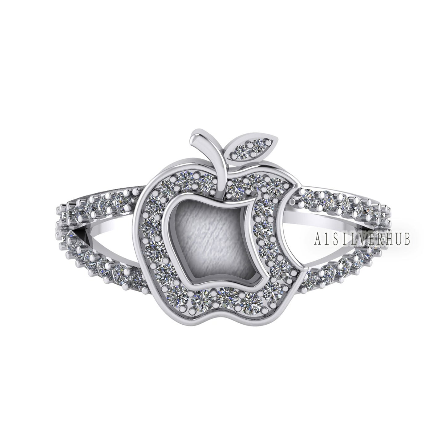 925 Sterling Solid Silver Apple Brand Logo Blank Bezel with Zircon Setted Ring, Good for Resin & Ashes Work, Keepsake/Breastmilk DIY Crafts