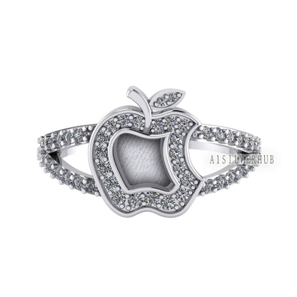 925 Sterling Solid Silver Apple Brand Logo Blank Bezel with Zircon Setted Ring, Good for Resin & Ashes Work, Keepsake/Breastmilk DIY Crafts