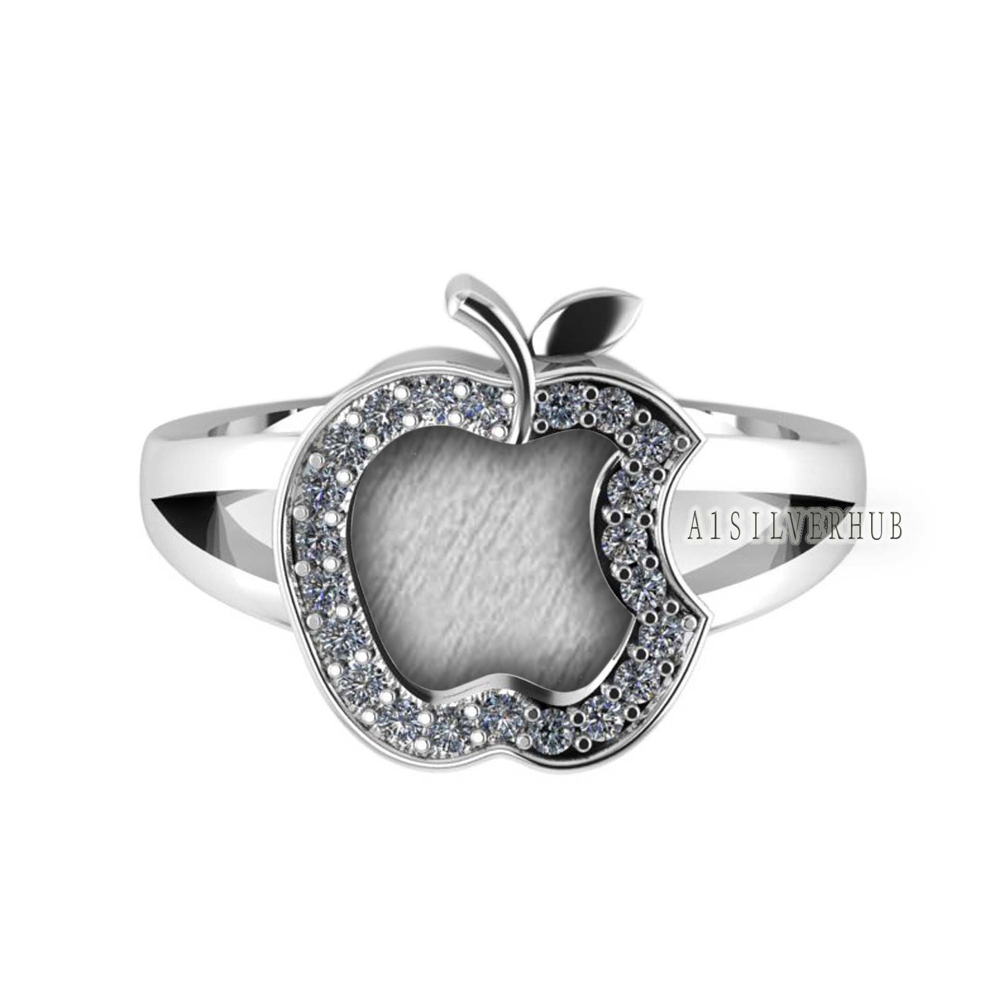 925 Sterling Solid Silver Apple Brand Logo Blank Bezel with CZ Setted Ring, Good for Resin & Ashes Work, Keepsake/Breastmilk DIY Crafts