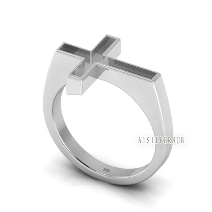 925 Sterling Solid Silver Flat Top Sideways Cross Blank Channel Ring, Good for Crushed Opal, Inlay, Resin & Ashes Fordite Work, Keepsake DIY