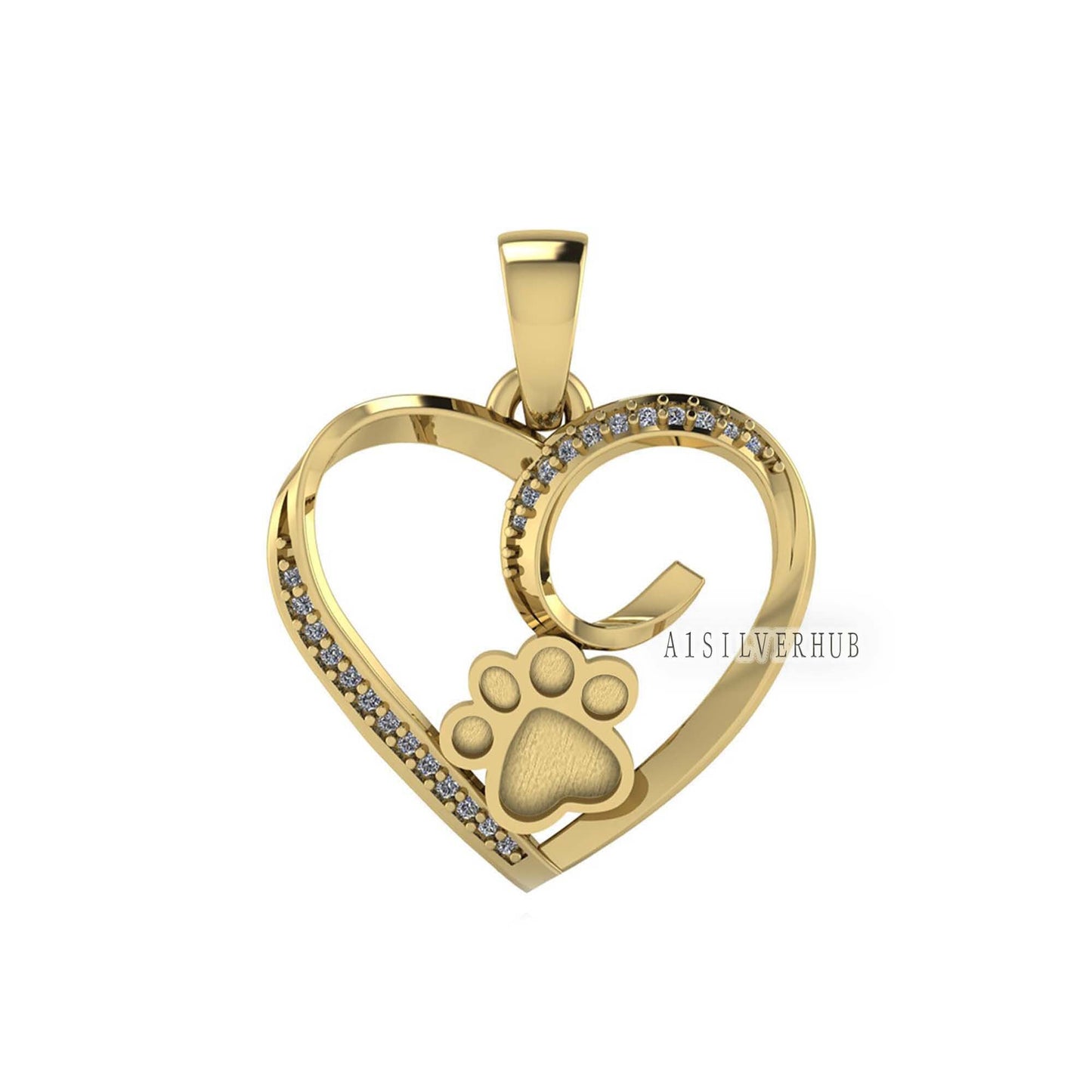 Heart with Zircon Setted Dog Paw Blank Bezel Pendant, 925 Sterling Silver, Good for Resin & Ashes Work, Breastmilk/Keepsake DIY, Pet Locket