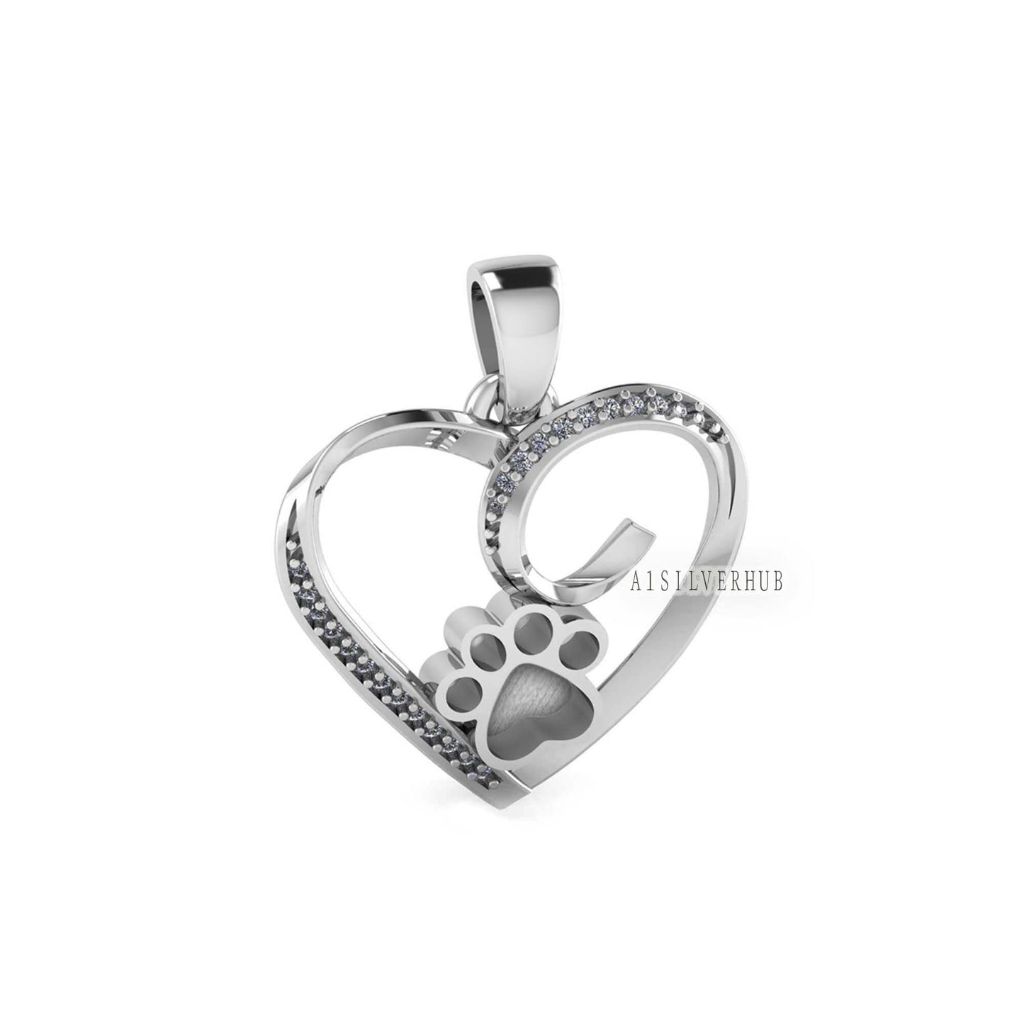 Heart with Zircon Setted Dog Paw Blank Bezel Pendant, 925 Sterling Silver, Good for Resin & Ashes Work, Breastmilk/Keepsake DIY, Pet Locket