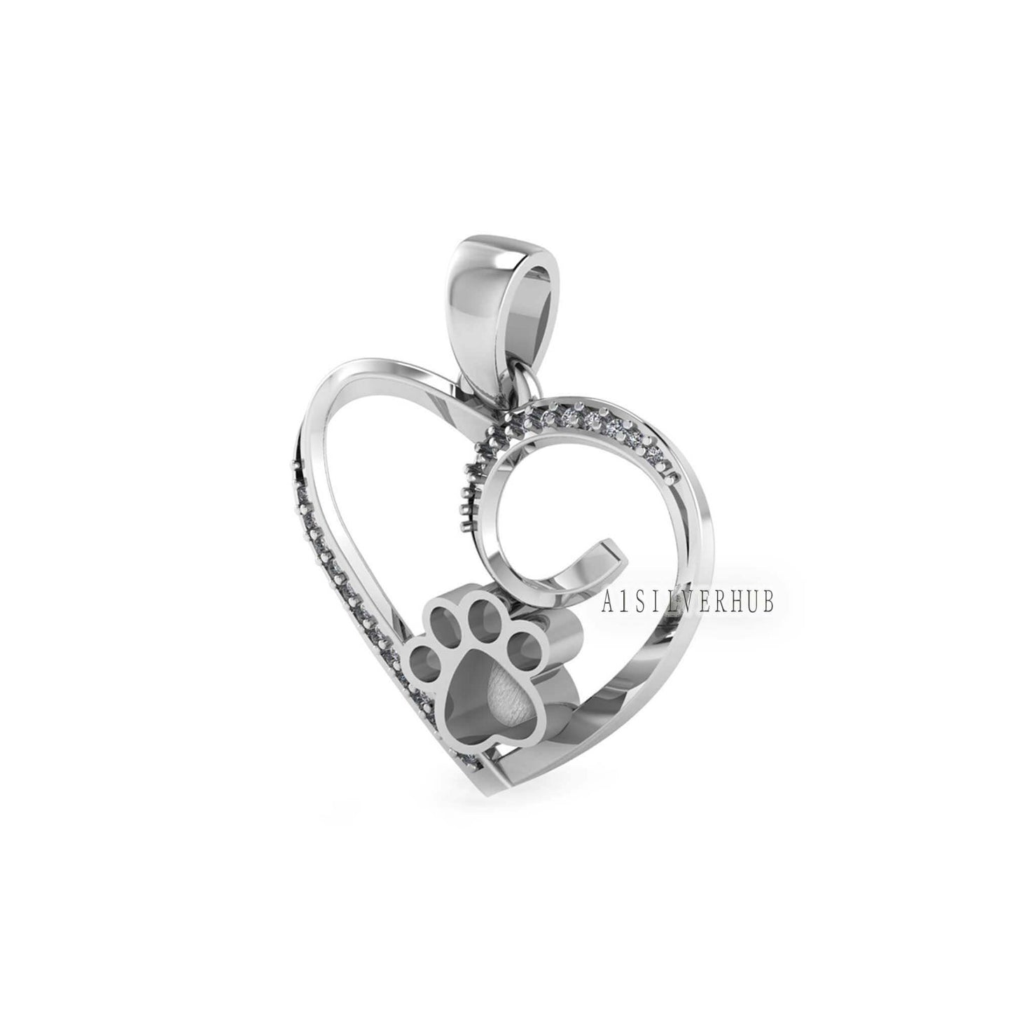 Heart with Zircon Setted Dog Paw Blank Bezel Pendant, 925 Sterling Silver, Good for Resin & Ashes Work, Breastmilk/Keepsake DIY, Pet Locket