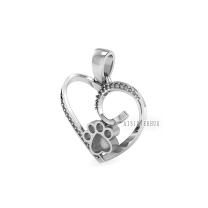 Heart with Zircon Setted Dog Paw Blank Bezel Pendant, 925 Sterling Silver, Good for Resin & Ashes Work, Breastmilk/Keepsake DIY, Pet Locket