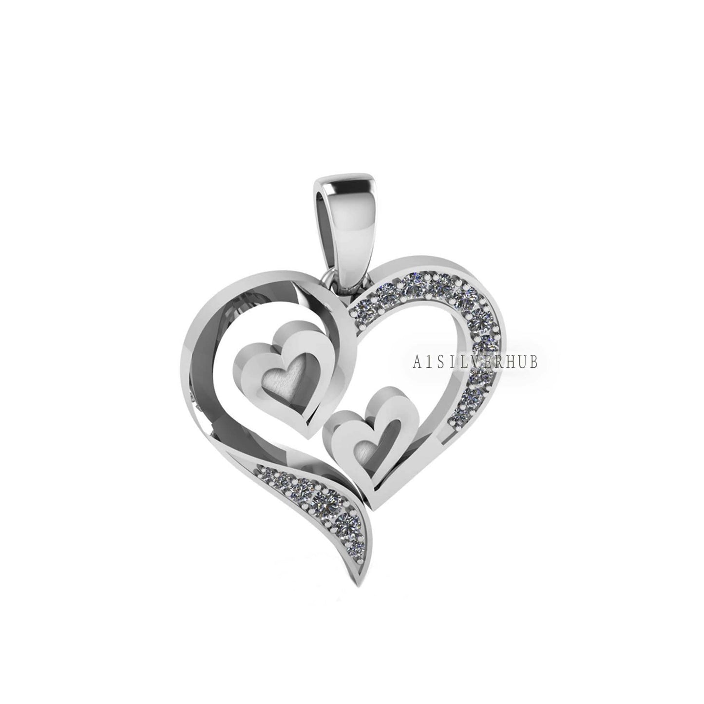 Big Heart Zircon Setted Double Heart Blank Bezel Pendant, 925 Sterling Silver, Good for Resin & Ashes Work, Breastmilk/Keepsake DIY, Locket