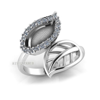 925 Sterling Silver Blank Bezel Double Leaf CZ Setted Adjustable Ring, Good For Pour Resin Work, Keepsake/Breastmilk DIY, Memorial Jewelry
