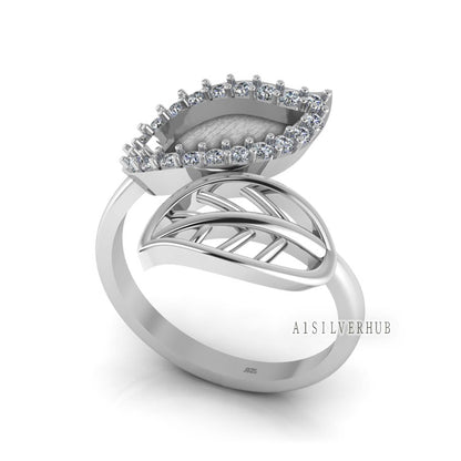 925 Sterling Silver Blank Bezel Double Leaf CZ Setted Adjustable Ring, Good For Pour Resin Work, Keepsake/Breastmilk DIY, Memorial Jewelry
