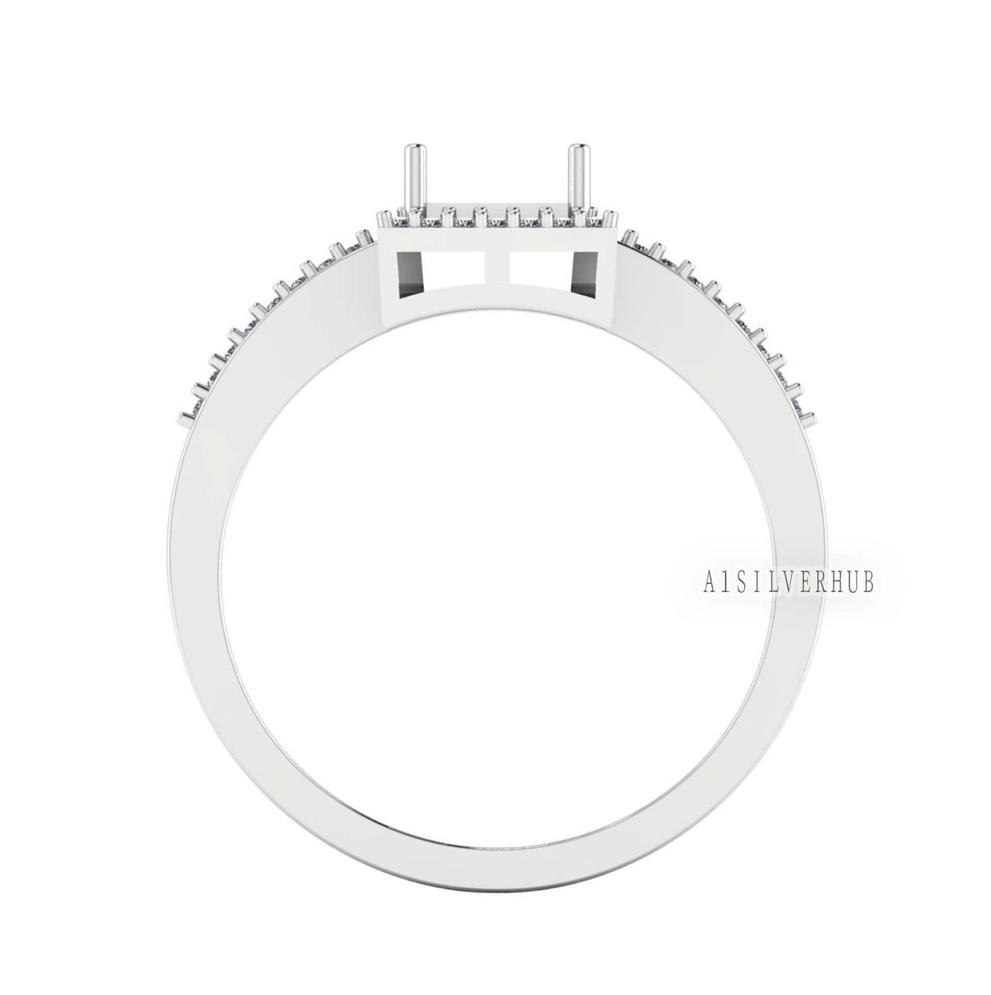 925 Sterling Solid Silver 8x8mm Square Blank Prong with CZ Setted Band Ring Setting, For Gemstone, Keepsake DIY Crafts, Engagement Rings