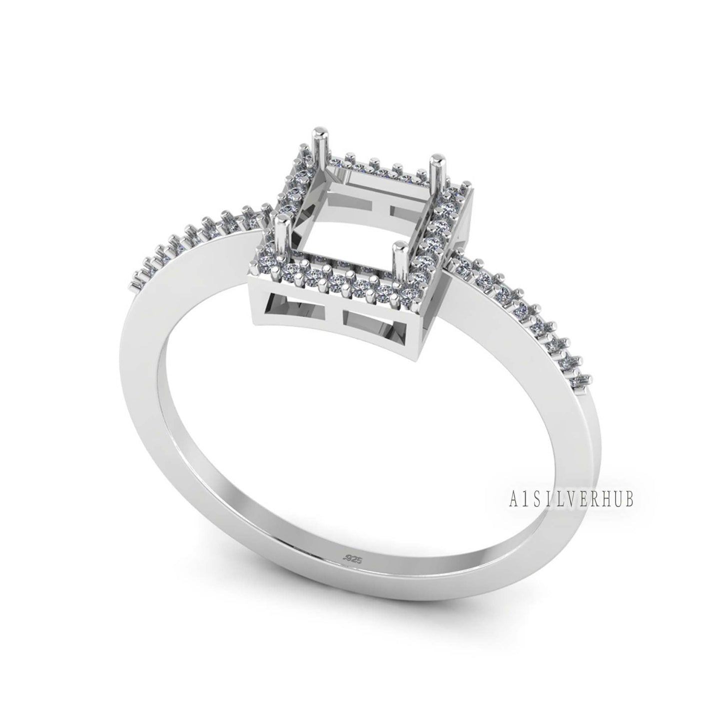 925 Sterling Solid Silver 8x8mm Square Blank Prong with CZ Setted Band Ring Setting, For Gemstone, Keepsake DIY Crafts, Engagement Rings