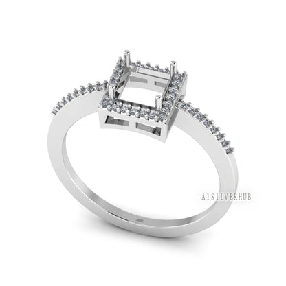 925 Sterling Solid Silver 8x8mm Square Blank Prong with CZ Setted Band Ring Setting, For Gemstone, Keepsake DIY Crafts, Engagement Rings