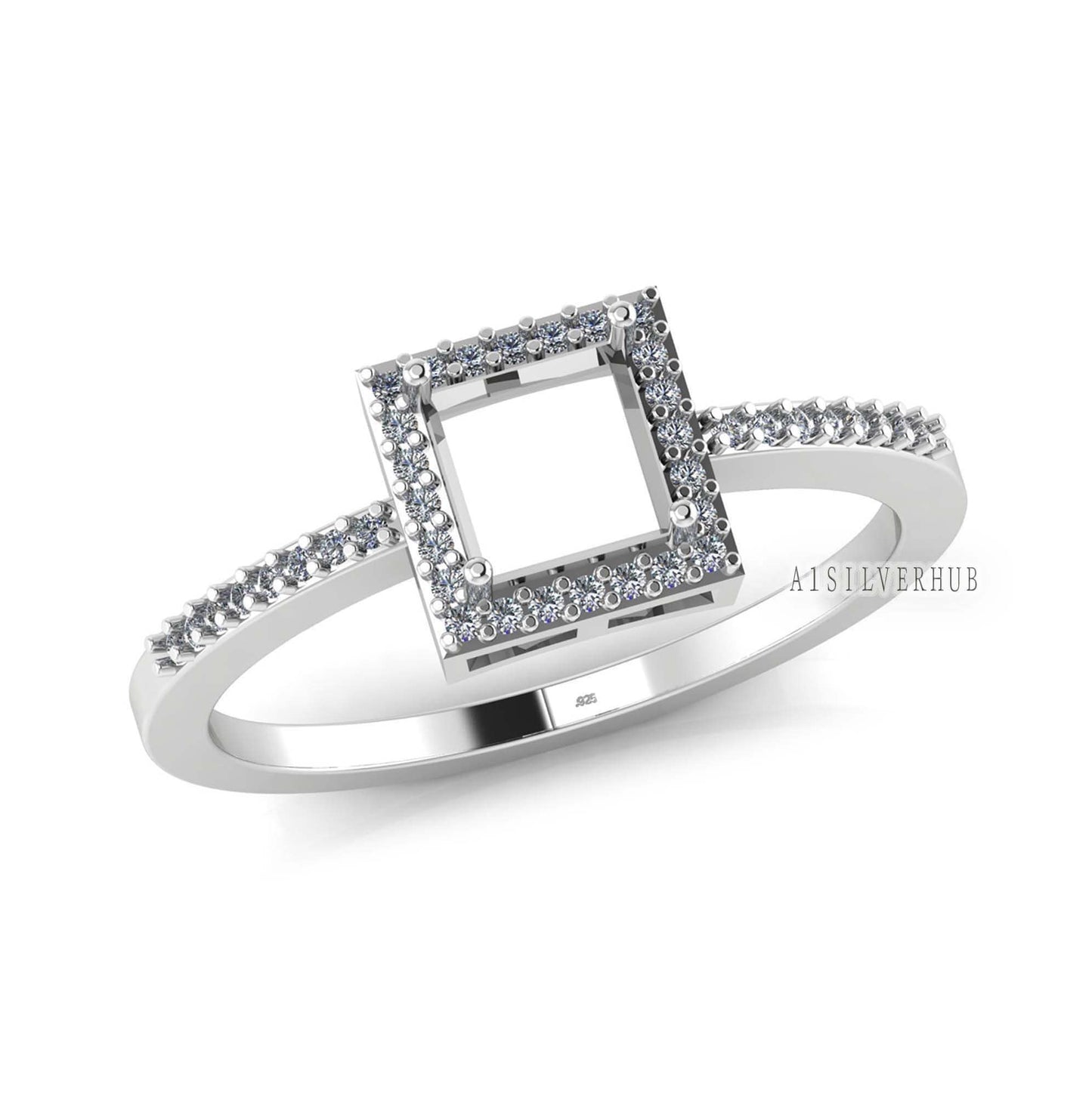 925 Sterling Solid Silver 8x8mm Square Blank Prong with CZ Setted Band Ring Setting, For Gemstone, Keepsake DIY Crafts, Engagement Rings