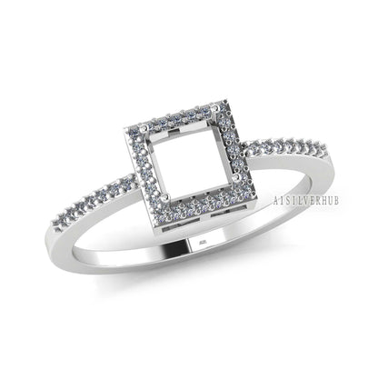 925 Sterling Solid Silver 8x8mm Square Blank Prong with CZ Setted Band Ring Setting, For Gemstone, Keepsake DIY Crafts, Engagement Rings