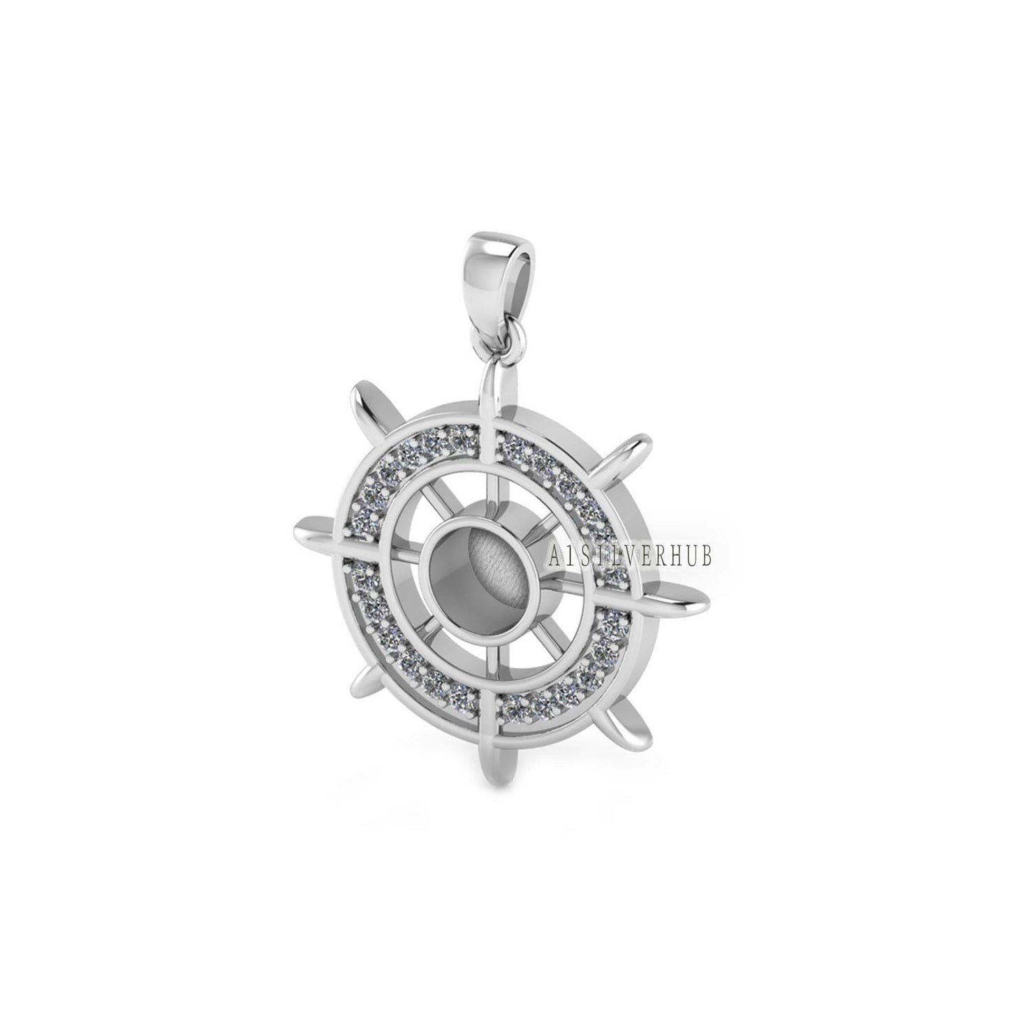 Ocean Helm Ship Steering Wheel 6mm Round Blank Bezel with Zircon Setted, 925 Sterling Silver Pendant, Good for Resin & Ashes, Keepsake DIY