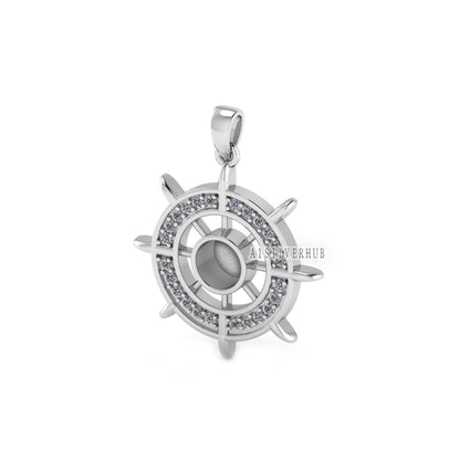 Ocean Helm Ship Steering Wheel 6mm Round Blank Bezel with Zircon Setted, 925 Sterling Silver Pendant, Good for Resin & Ashes, Keepsake DIY