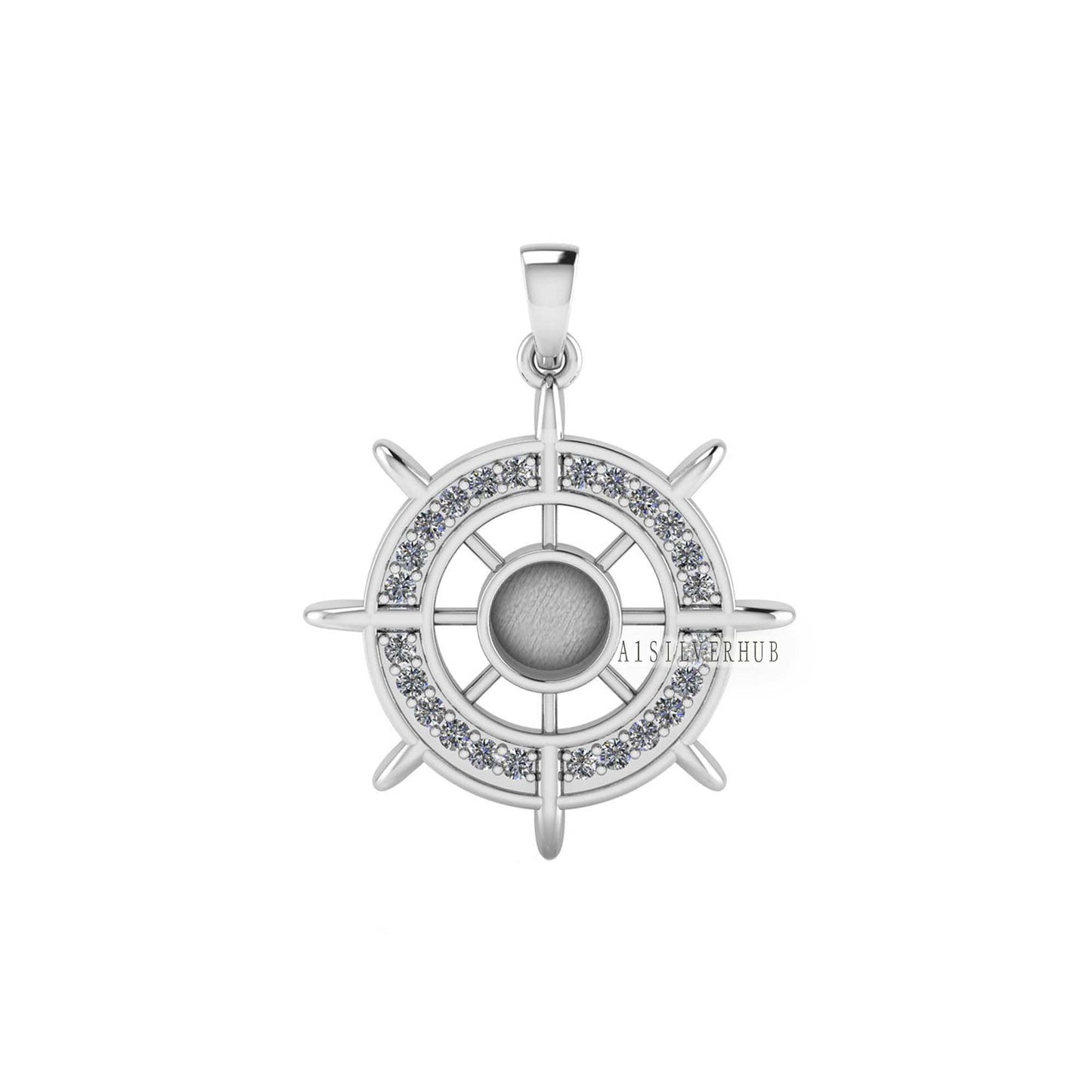 Ocean Helm Ship Steering Wheel 6mm Round Blank Bezel with Zircon Setted, 925 Sterling Silver Pendant, Good for Resin & Ashes, Keepsake DIY