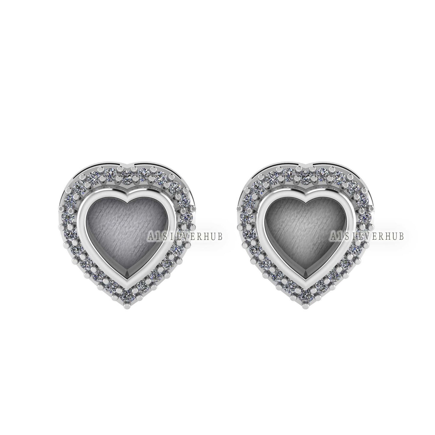 925 Sterling Silver 5mm Heart Shape Blank Bezel Stud Earrings with Surrounded Zircon Setted, Good for Resin & Ashes Work, Keepsake DIY Craft