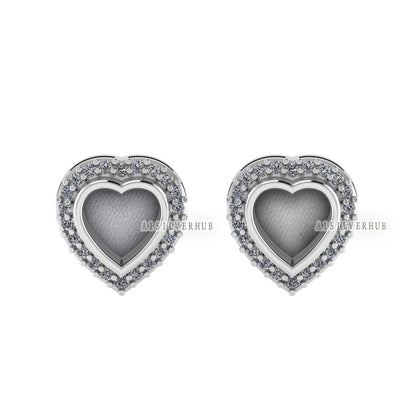 925 Sterling Silver 5mm Heart Shape Blank Bezel Stud Earrings with Surrounded Zircon Setted, Good for Resin & Ashes Work, Keepsake DIY Craft