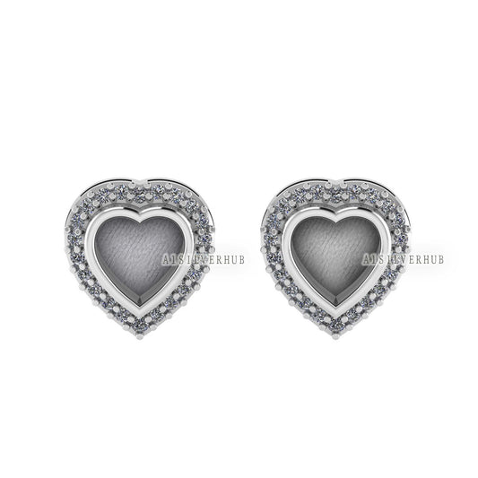 925 Sterling Silver 5mm Heart Shape Blank Bezel Stud Earrings with Surrounded Zircon Setted, Good for Resin & Ashes Work, Keepsake DIY Craft