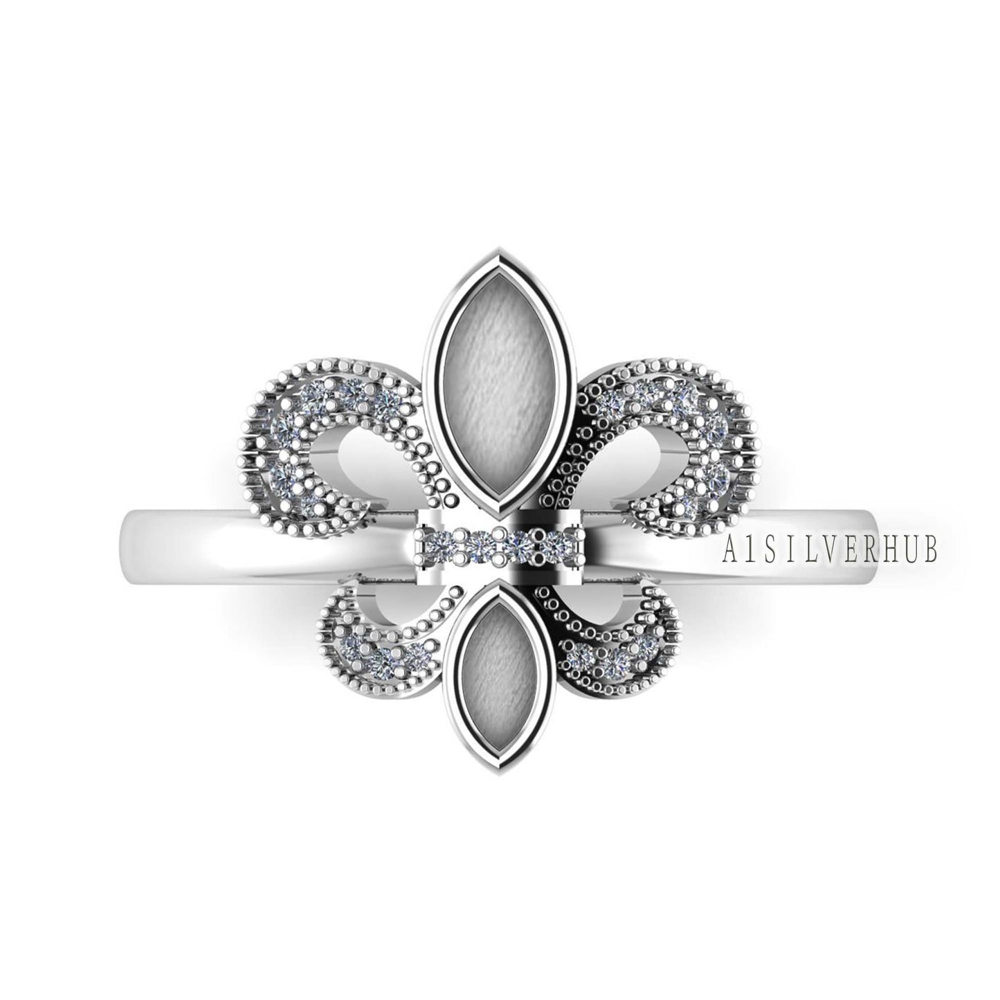 925 Sterling Solid Silver Fleur-de-lis Symbol Marquise Blank Bezel with CZ Setted Ring, Good for Resin & Ashes Work, Floredils Silhouette