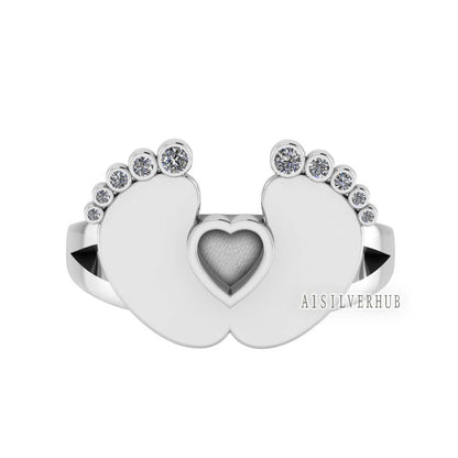 925 Sterling Silver Baby Foot Heart Blank Bezel Ring Setting, Good For Pour Resin Work, Keepsake/Breastmilk DIY, Memorial Jewelry Crafts
