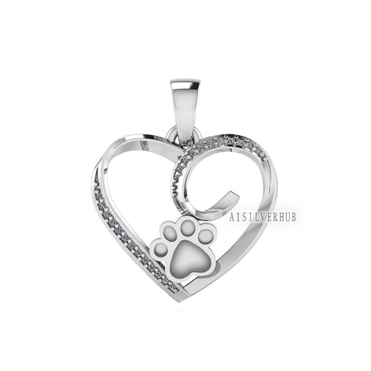 Heart with Zircon Setted Dog Paw Blank Bezel Pendant, 925 Sterling Silver, Good for Resin & Ashes Work, Breastmilk/Keepsake DIY, Pet Locket