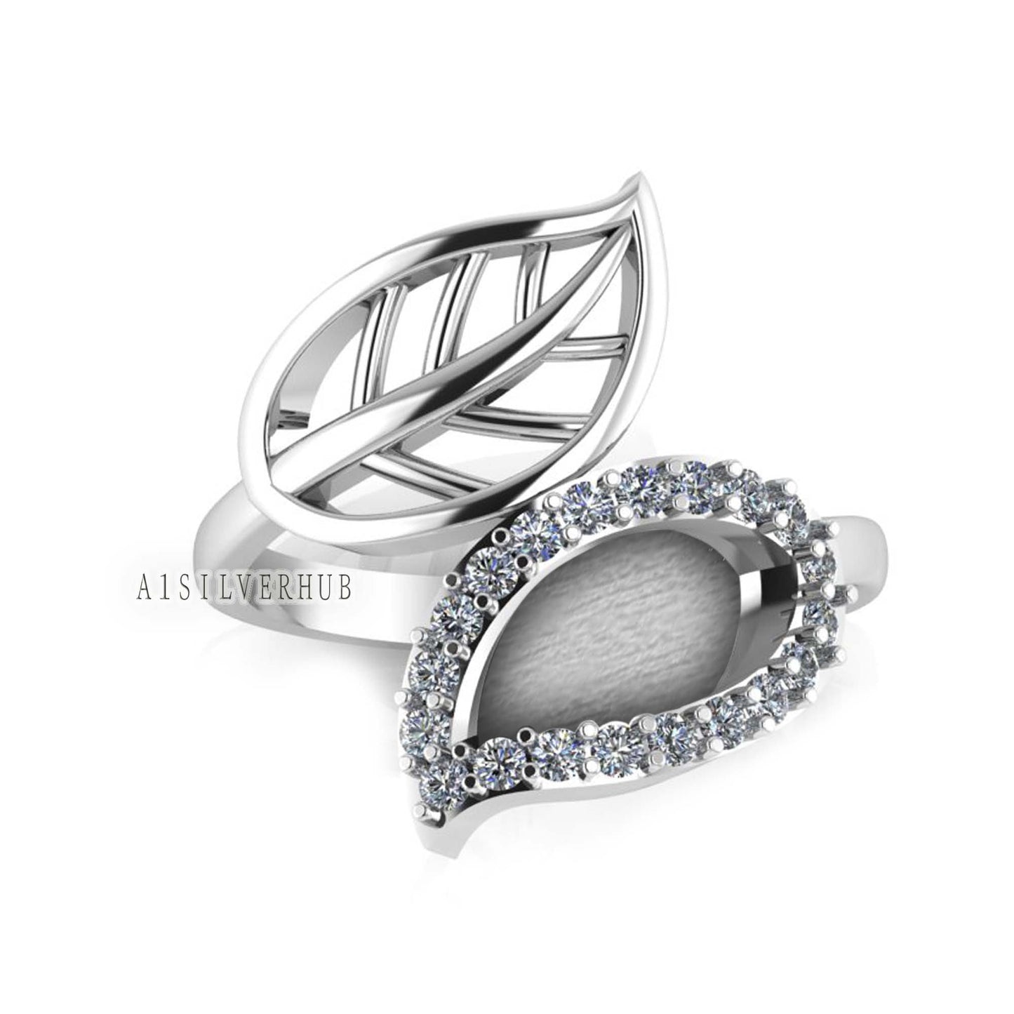 925 Sterling Silver Blank Bezel Double Leaf CZ Setted Adjustable Ring, Good For Pour Resin Work, Keepsake/Breastmilk DIY, Memorial Jewelry