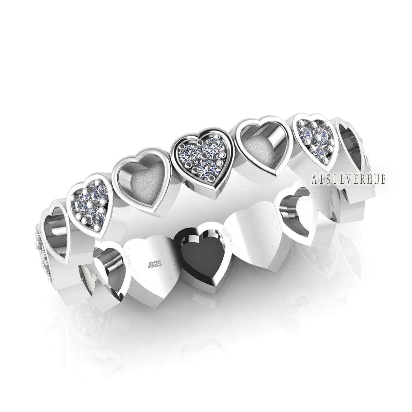 925 Sterling Solid Silver Heart Blank Bezel with CZ Setted Eternity Band Ring, Good for Resin & Ashes Work, Breastmilk DIY, Memorial Gifts