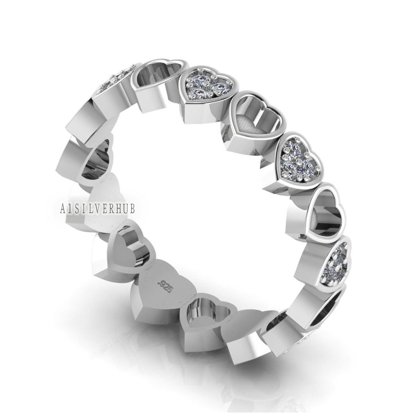 925 Sterling Solid Silver Heart Blank Bezel with CZ Setted Eternity Band Ring, Good for Resin & Ashes Work, Breastmilk DIY, Memorial Gifts