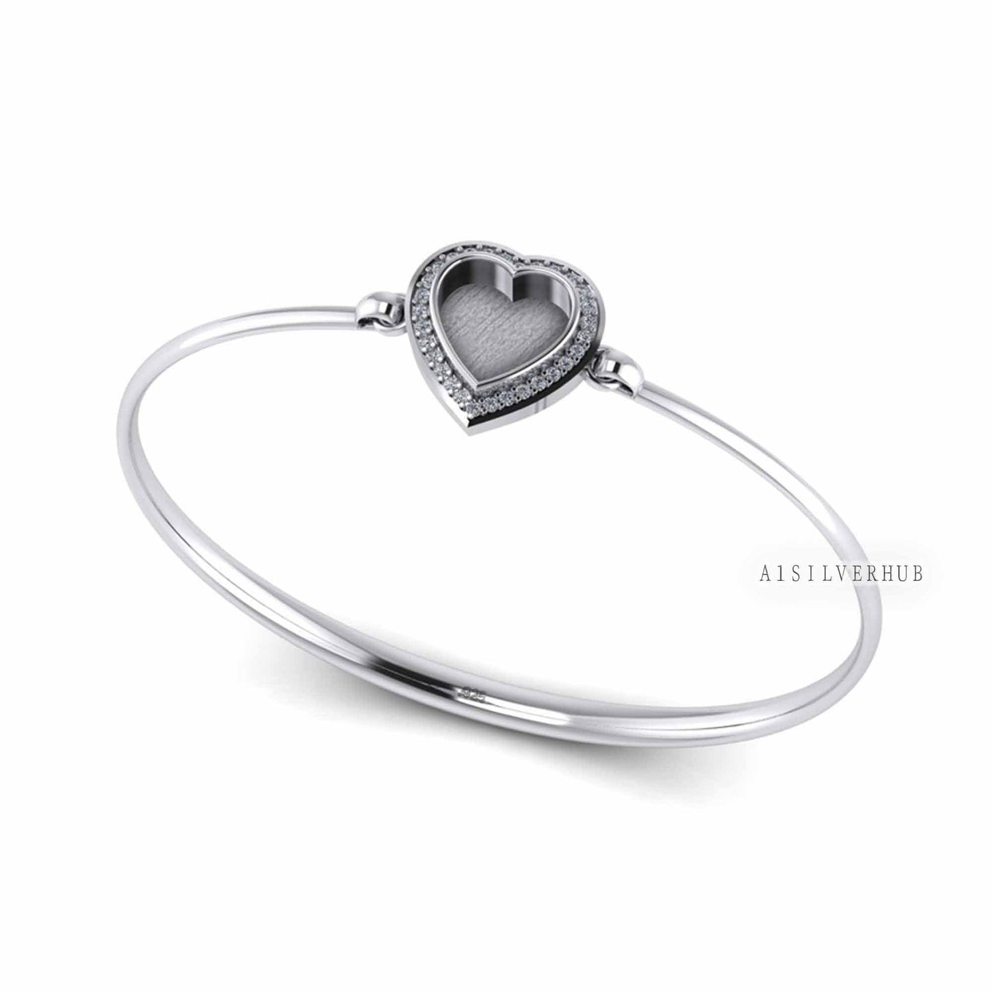 925 Sterling Solid Silver 10mm Heart CZ Setted Blank Bezel Bangle with hook clasp, Good for Resin & Ashes Work, Keepsake/Breastmilk DIY