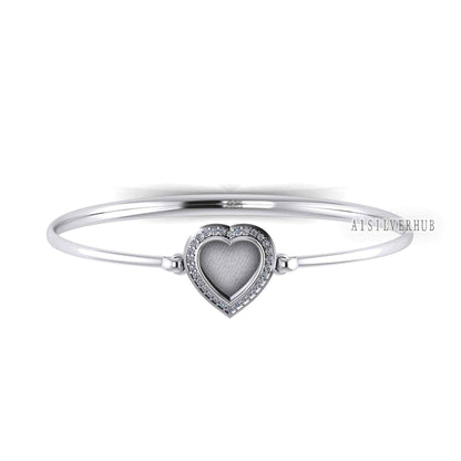 925 Sterling Solid Silver 10mm Heart CZ Setted Blank Bezel Bangle with hook clasp, Good for Resin & Ashes Work, Keepsake/Breastmilk DIY