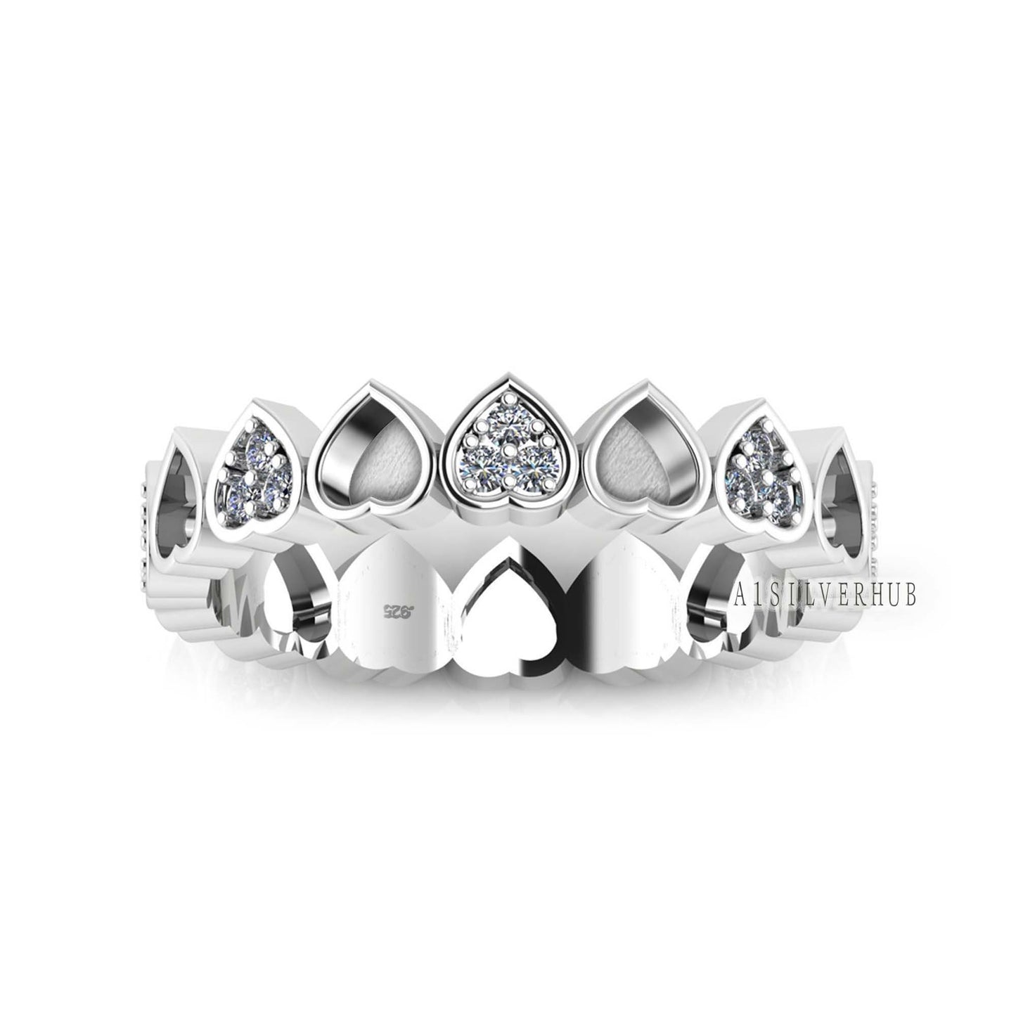 925 Sterling Solid Silver Heart Blank Bezel with CZ Setted Eternity Band Ring, Good for Resin & Ashes Work, Breastmilk DIY, Memorial Gifts