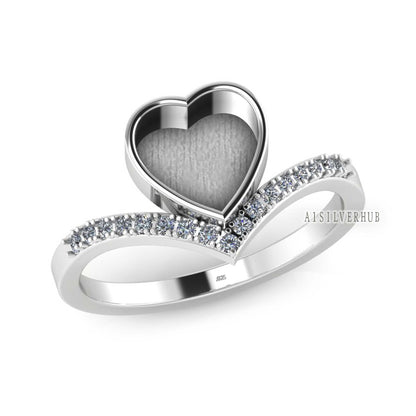 925 Sterling Solid Silver 8mm Heart Blank Bezel with CZ Setted on Band Ring , Good for Resin & Ashes Breastmilk DIY Work, Keepsake Jewelry