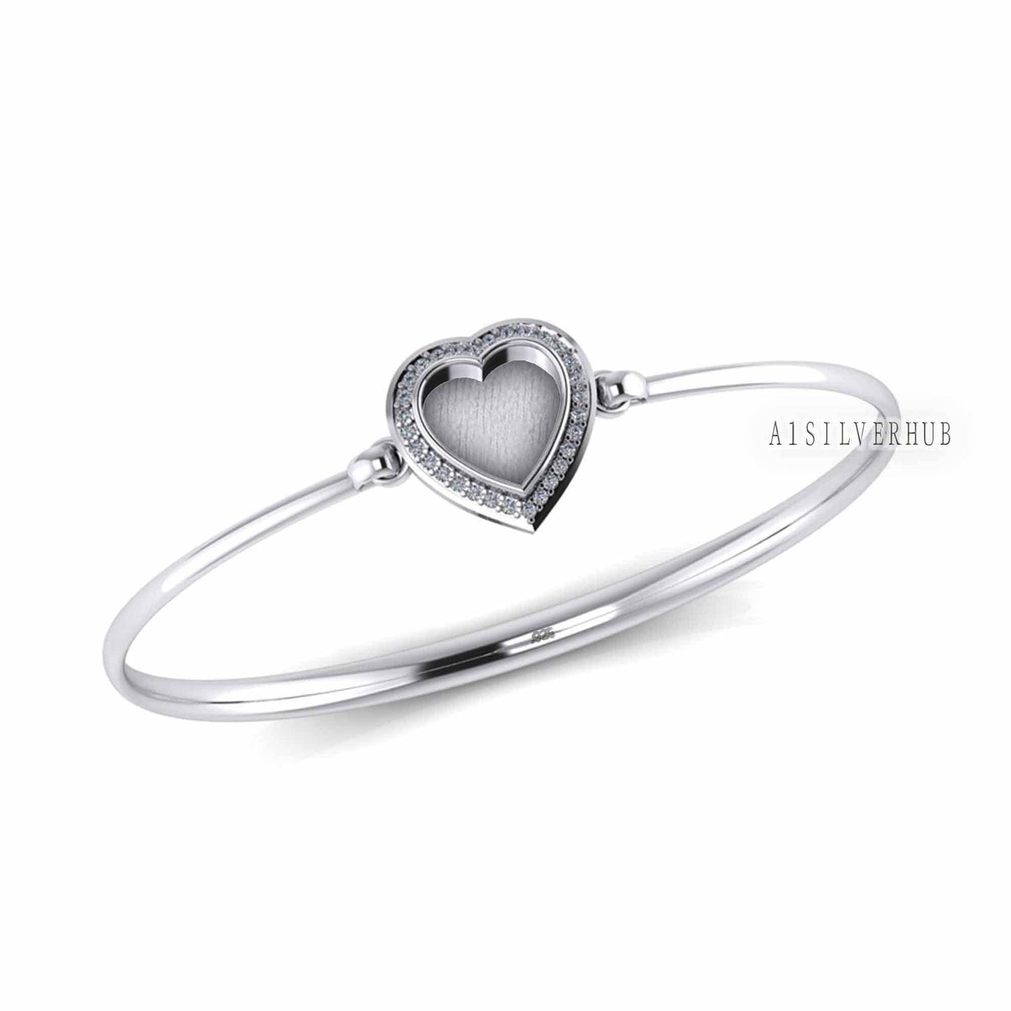 925 Sterling Solid Silver 10mm Heart CZ Setted Blank Bezel Bangle with hook clasp, Good for Resin & Ashes Work, Keepsake/Breastmilk DIY